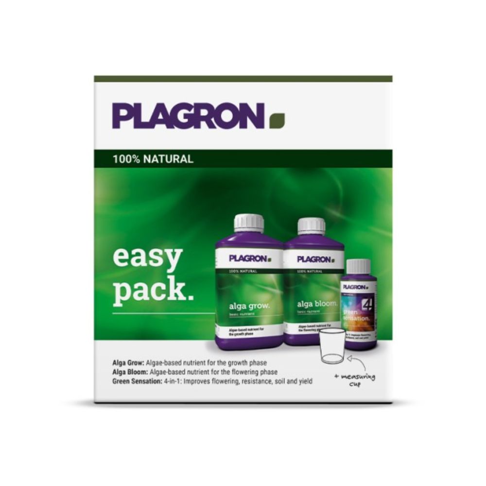 O Plagron Easy Pack Natural da Bertels B.V. contém três garrafas com rótulos verdes e violetas para "Alga Grow" e "Alga Bloom", bem como um pequeno copo medidor. Ele utiliza fertilizante orgânico básico, garantindo assim uma nutrição precisa das plantas em uma embalagem compacta.