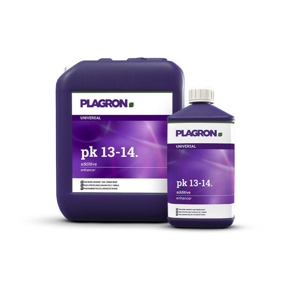 Representados estão dois recipientes Bertels B.V. Plagron PK 13-14 – para frutos mais firmes e duros, ambos em violeta escuro com etiquetas brancas e violetas com marca, nome do produto e instruções de uso.