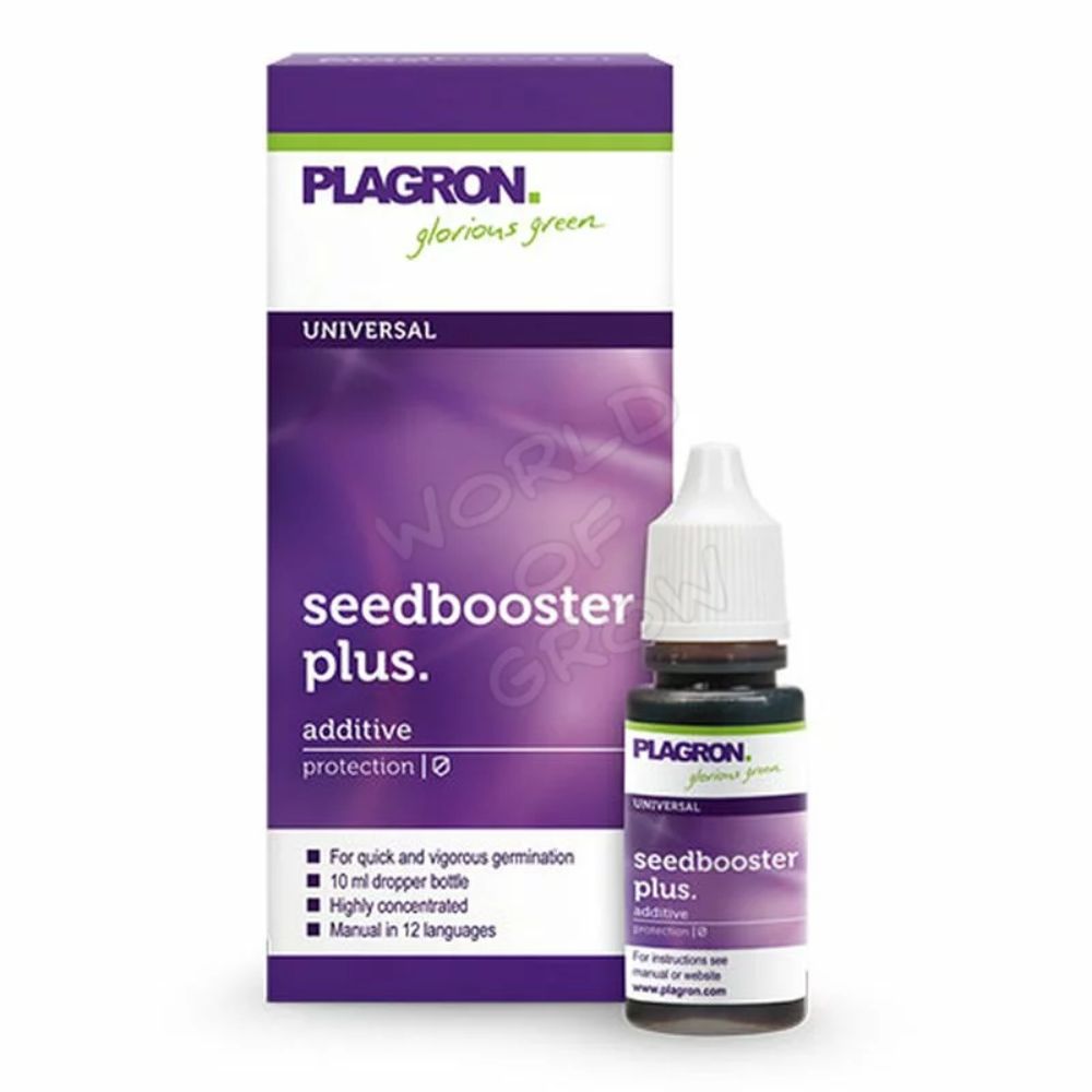 A imagem mostra uma garrafa de Plagron Seedbooster Plus 10ml da Bertels B.V. ao lado da sua embalagem roxo-branca. Este aditivo importante promove a germinação rápida de plantas jovens. Um manual em 12 idiomas está incluído na embalagem.
