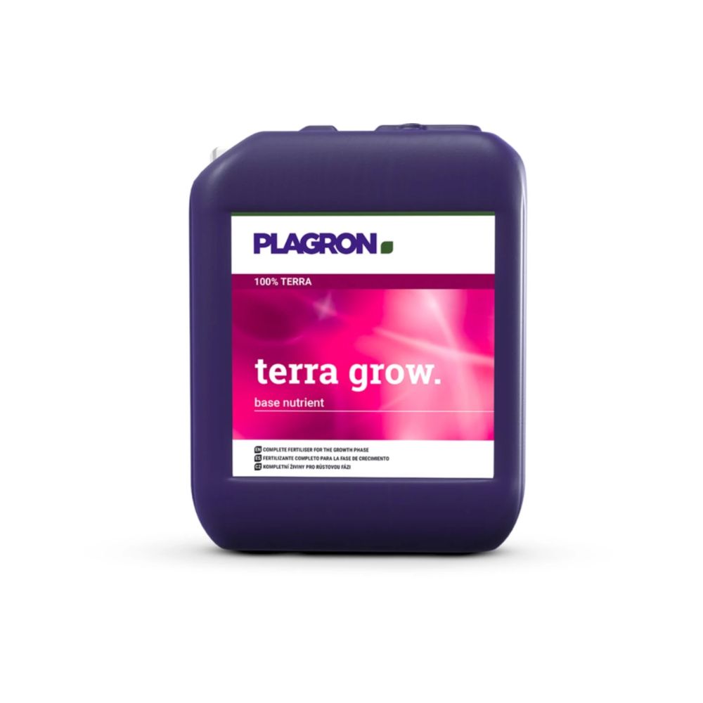 Um recipiente violeta com Plagron Terra Grow da Bertels B.V. é apresentado com uma etiqueta branca e uma seção rosa, destacando seu papel na promoção de um crescimento mais rápido das plantas durante a fase de crescimento.