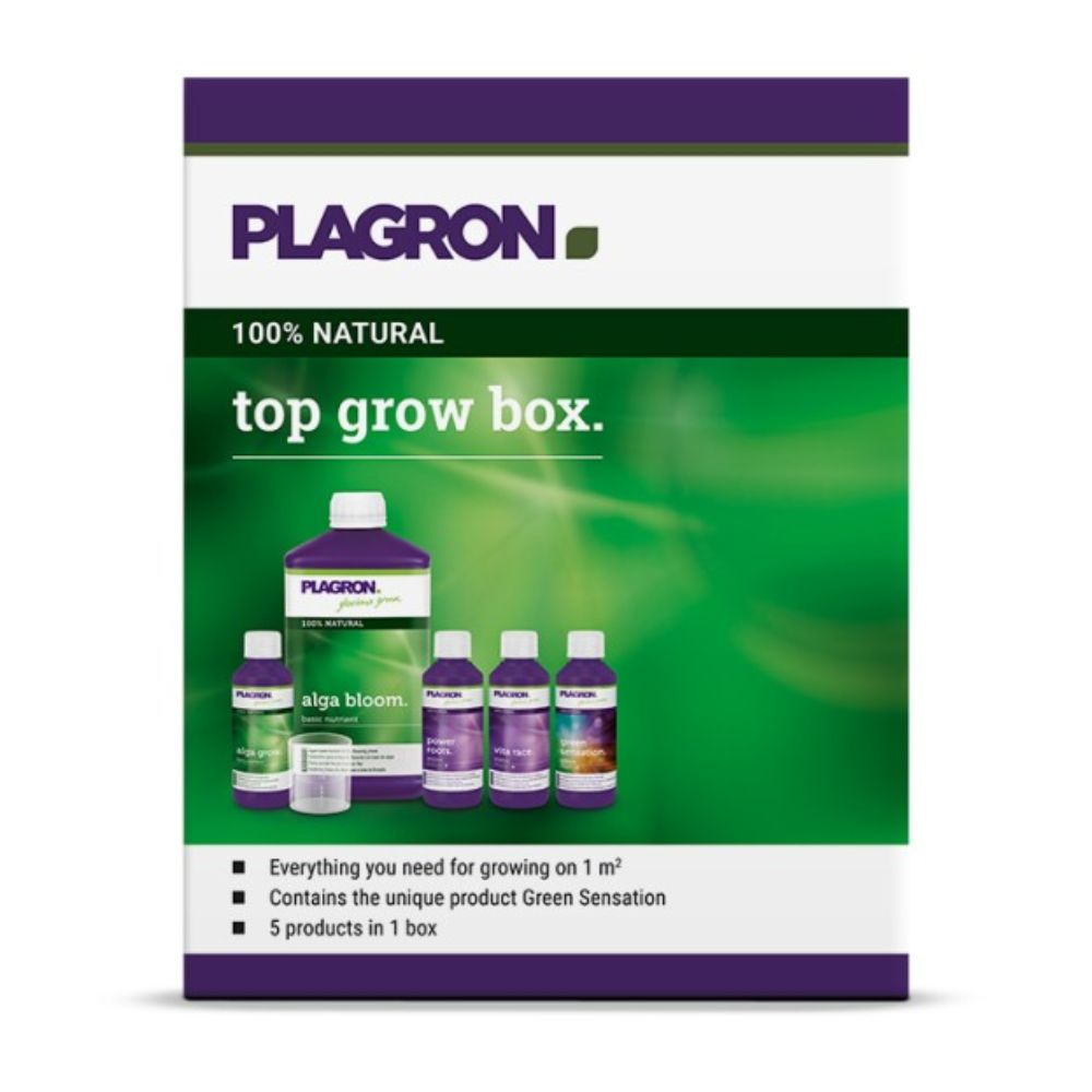 A Plagron Top Grow Box 100% Natural da Bertels B.V. tem um design verde-violeta, inclui cinco garrafas incluindo "Alga Bloom", baseia-se em ingredientes naturais, apoia o crescimento em mais de 1 m² e oferece excelentes fertilizantes biológicos para uma nutrição completa.