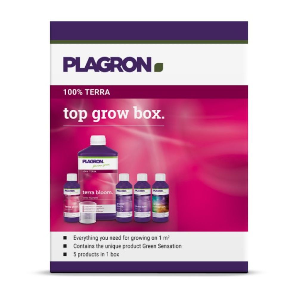 A "Plagron Top Grow Box 100% Terra - Conjunto de cultivo para solo | 1 Peça" da Bertels B.V. inclui frascos como "Terra Bloom" e "Terra Grow". A caixa é desenhada em lilás e rosa e possui um texto que descreve suas características e conteúdo.