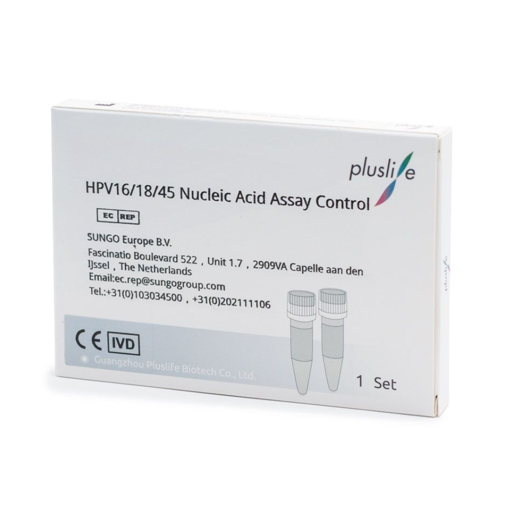 A imagem mostra uma caixa do kit de controle de ácido nucleico Pluslife HPV 16/18/45 PCR, um kit de controle preciso da SUNGO Europe B.V. A embalagem contém informações de contato e certificações e mostra na frente um conjunto com dois frascos, ideal para testes precisos de PCR de ácido nucleico.