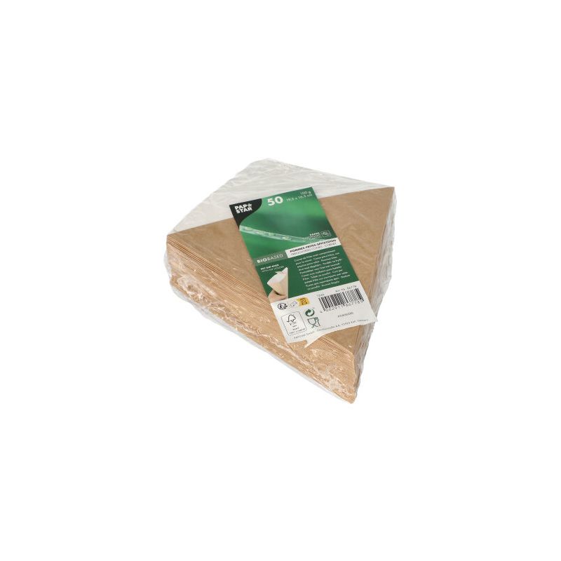 Um conjunto de PAPSTAR "pure" cones de batatas fritas com canto para molho, feitos de recursos renováveis, está embalado em um filme plástico transparente. A embalagem possui um rótulo verde com informações do produto e código de barras. Os recipientes ToGo triangulares marrom/branco têm medidas de 19,5 cm x 16,5 cm e comportam até 100 g.