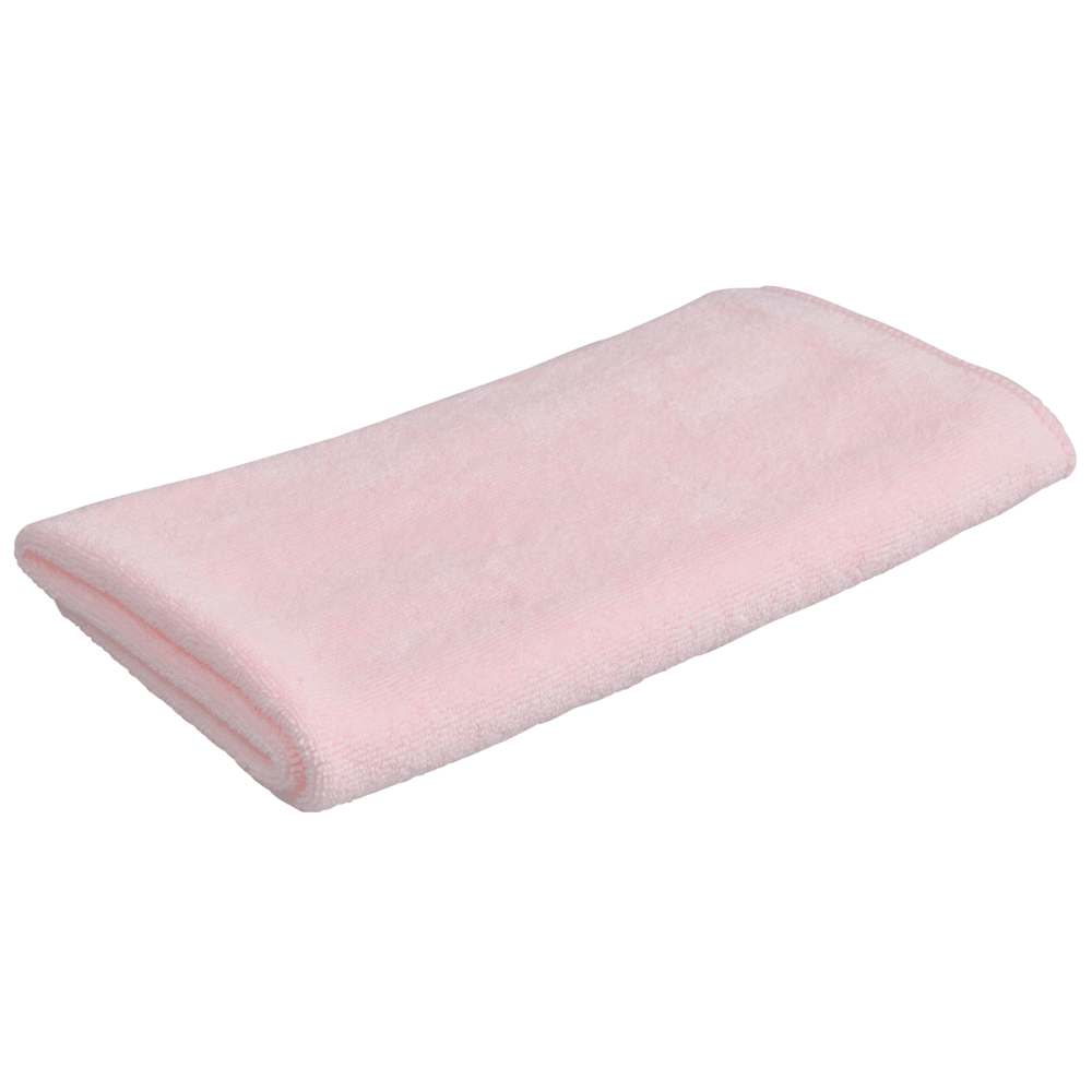 Um pano de microfibra rosa claro dobrado ENA Soft da Abena Re-Seller GmbH (40x40 cm) com textura suave e macia, perfeito para limpeza ou manutenção de automóveis, sobre um fundo branco simples.