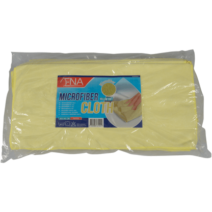 O pano de microfibra da Abena Re-Seller GmbH ENA Soft (40x40 cm) é fornecido numa embalagem transparente com informações do produto e a imagem de uma mão a usar o pano de microfibra amarelo para a manutenção de automóveis, tornando este pano de limpeza visível e acessível.