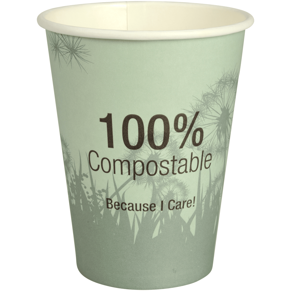 A chávena de café compostável "Dandelion" da Abena Re-Seller GmbH é um copo verde com a inscrição "100% Compostable Because I Care!" e um discreto motivo de dente-de-leão ao fundo.
