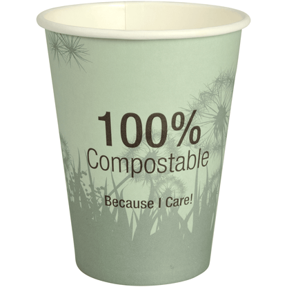 A chávena de café compostável "Dandelion" da Abena Re-Seller GmbH é um copo verde com a inscrição "100% Compostable Because I Care!" e um discreto motivo de dente-de-leão ao fundo.