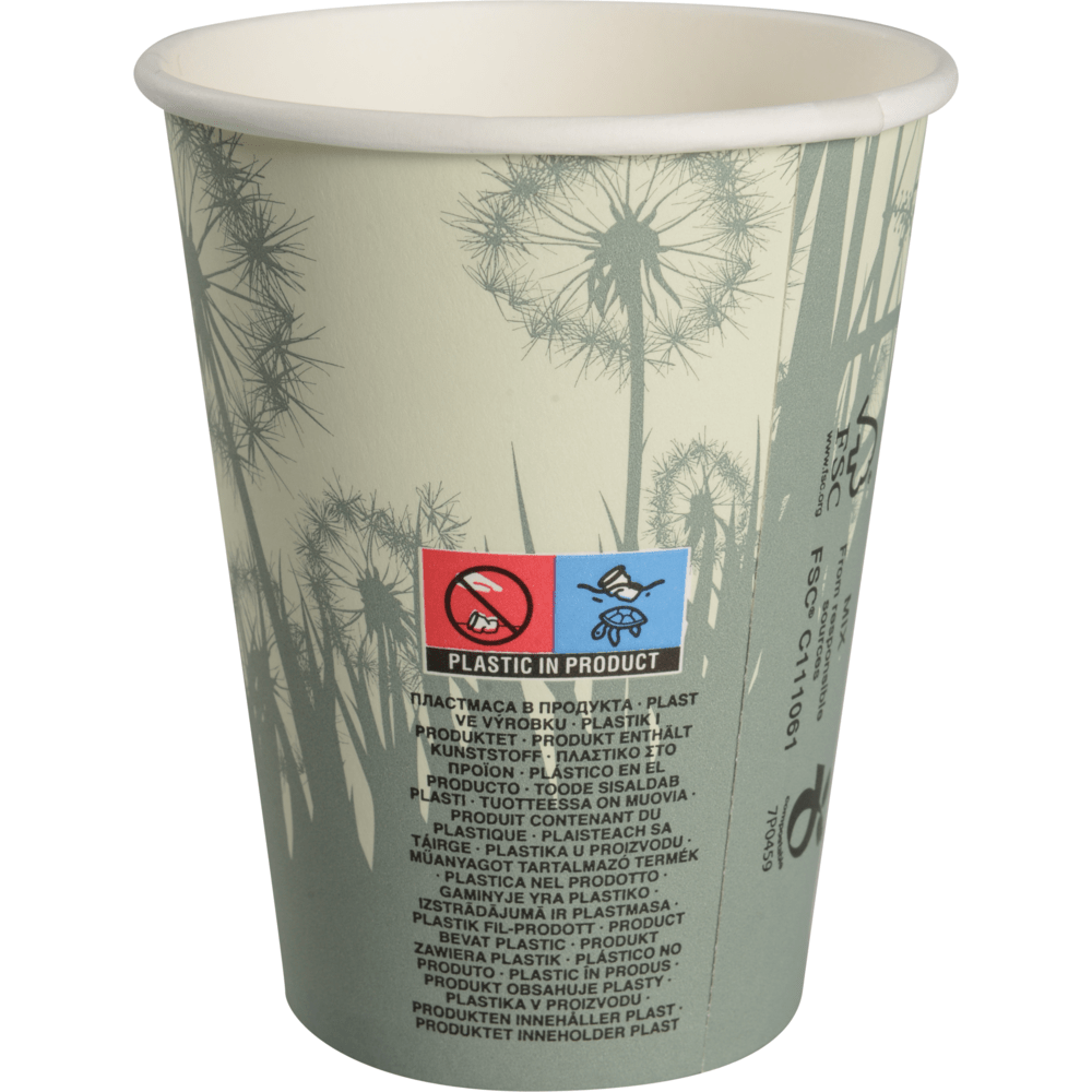 A chávena de café compostável "Löwenzahn" da Abena Re-Seller GmbH é um copo de papel com um motivo de dente-de-leão verde-claro; o rótulo indica "Plástico no produto" e símbolos que mostram que não é compostável ou ecológico.
