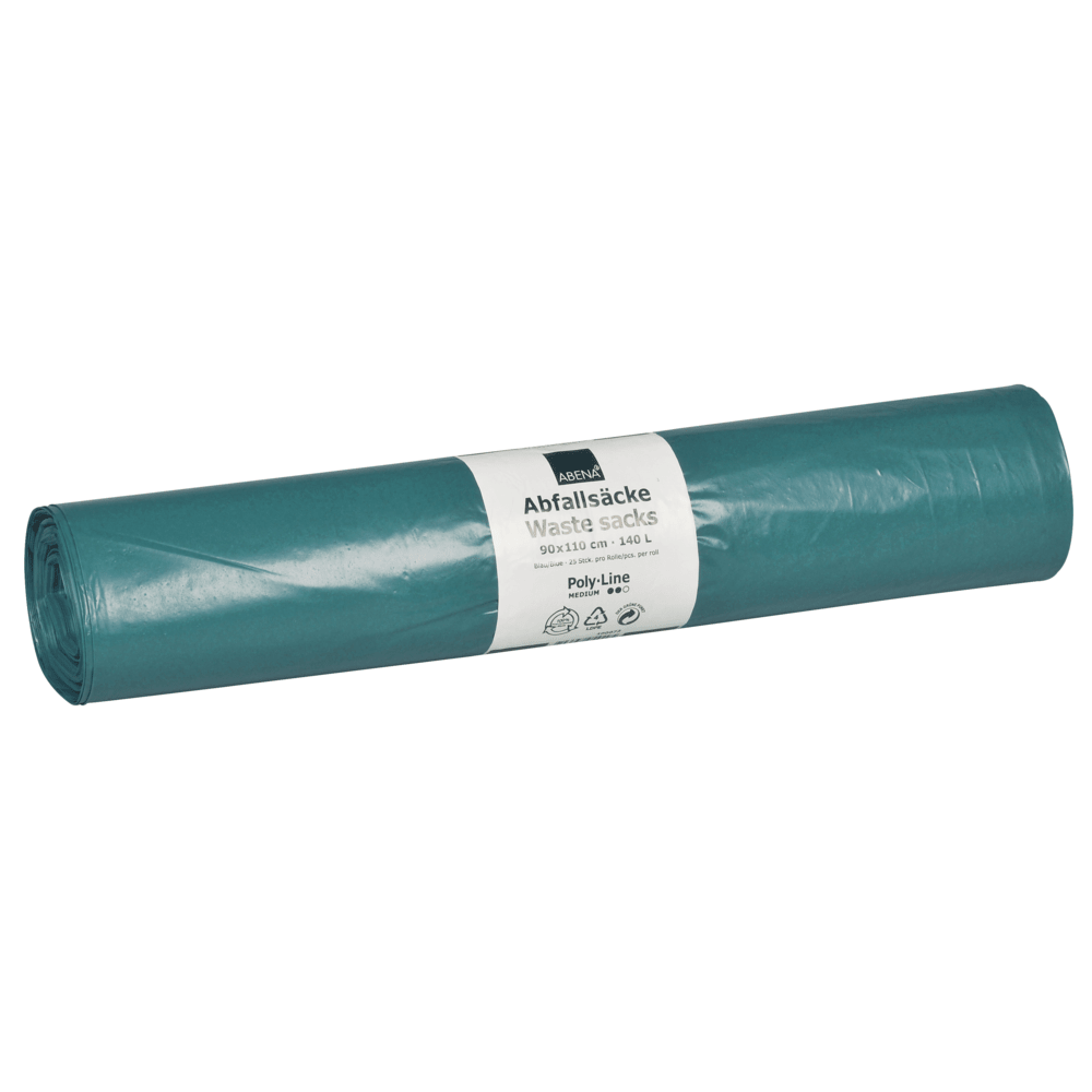 Um rolo de sacos de lixo LDPE Abena Re-Seller GmbH azul de 140 L (900x1100 mm, 38 my, 25 sacos/rolo) com uma etiqueta branca contendo as informações "Sacos de lixo", "Sacos de lixo", dimensões e símbolos de reciclagem.