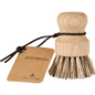 A escova de panela ENA Living com cerdas duras da Abena Re-Seller GmbH em caixa (12 embalagens) tem um cabo curto e redondo e corda marrom com etiqueta "DISH BRUSH" - ideal para a limpeza eficaz na cozinha.
