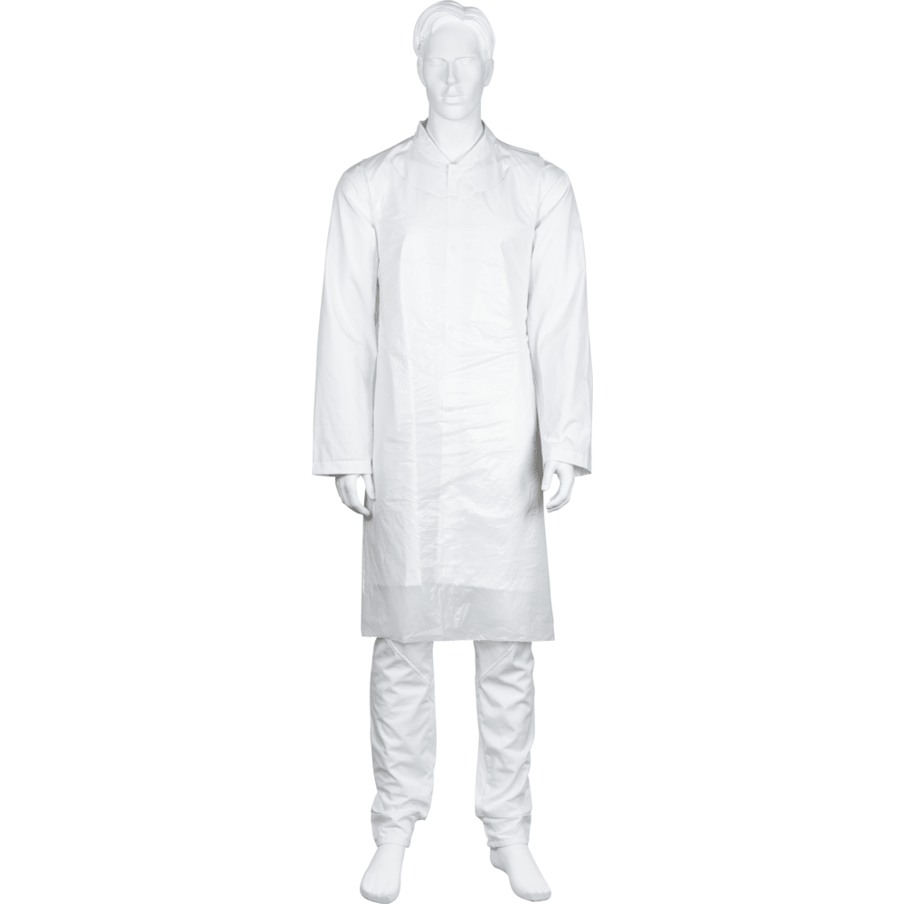 Um manequim branco veste o avental descartável Abena Re-Seller GmbH, bloqueado, 75x125 cm, 18 my LDPE, branco (pacote com 50 peças) sobre calças brancas combinando, em pé diante de um fundo branco simples.