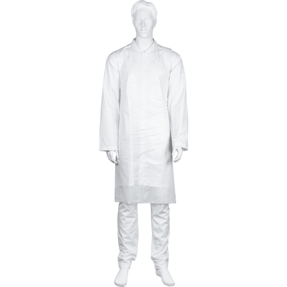 Um manequim branco veste o avental descartável Abena Re-Seller GmbH, bloqueado, 75x125 cm, 18 my LDPE, branco (pacote com 50 peças) sobre calças brancas combinando, em pé diante de um fundo branco simples.