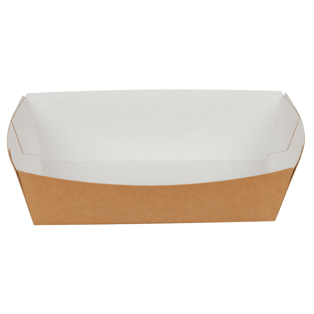 Na imagem está uma embalagem média vazia de batatas fritas da Abena Re-Seller GmbH, feita de papel kraft ecológico, sobre um fundo branco. A simples embalagem retangular tem lados inclinados e é fornecida em um pacote de 90 unidades.