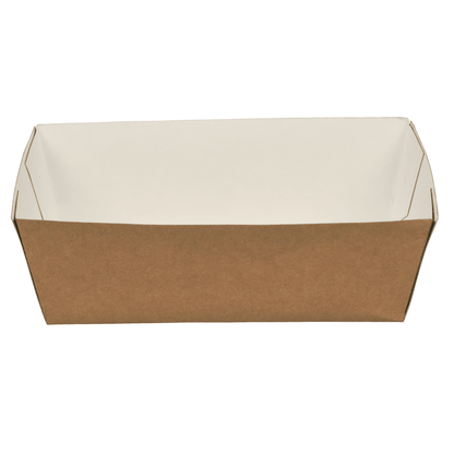 A Abena Re-Seller GmbH Pommes Schale, Kraft é um recipiente retangular, aberto no topo, feito de papel kraft marrom com forro branco - uma embalagem ecológica para os seus alimentos, aqui vista de um ângulo ligeiramente elevado sobre um fundo branco.