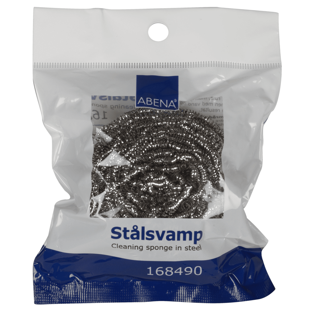 Uma espiral de aço inoxidável de 40g (embalagem com 10 unidades), número de produto 168490, da Abena Re-Seller GmbH. A embalagem azul clara exibe o logotipo da marca na parte superior e promove material resistente à ferrugem para limpeza de cozinha.