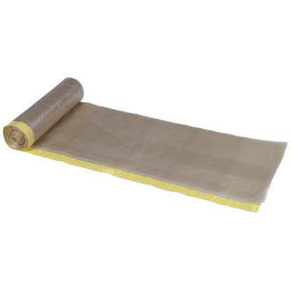 Um rolo parcialmente desenrolado de sacos de lixo transparentes de 120 L da Abena Re-Seller GmbH, com cordão amarelo (700x1010mm, 55 my), 10 sacos por rolo, é apresentado em fundo branco.