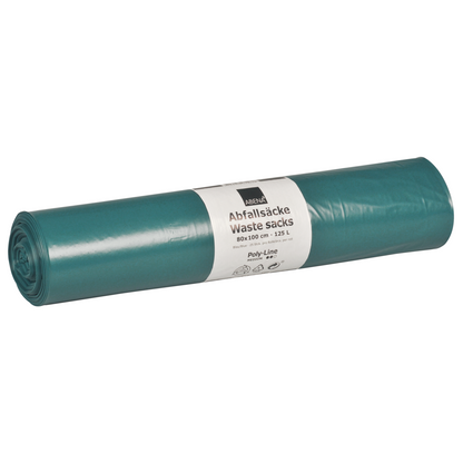 Um rolo de sacos de lixo Abena Re-Seller GmbH 125 L (800x1000 mm, 48 my, LDPE, Azul), rolo com 25 sacos, é visto sobre um fundo branco; a etiqueta branca mostra informações em alemão e inglês sobre tamanho e volume.