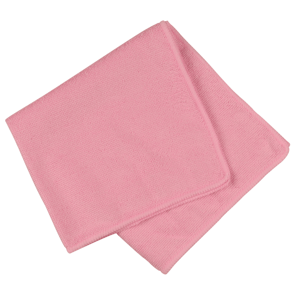 É apresentado um pano de microfibra rosa claro dobrado ENA Standard, 40x40 cm da Abena Re-Seller GmbH, com costura visível na borda sobre fundo branco.