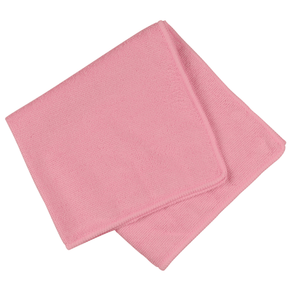 É apresentado um pano de microfibra rosa claro dobrado ENA Standard, 40x40 cm da Abena Re-Seller GmbH, com costura visível na borda sobre fundo branco.