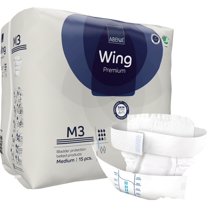 Eine Packung ABENA Wing Premium Erwachsenenwindeln von Abena Re-Seller GmbH, Größe M3, enthält 15 Stück. Eine Windel ist vorne abgebildet, um ihr Design und die Laschen für optimalen Schutz und Komfort hervorzuheben. Die Verpackung zeigt Produkt- und Markendetails.