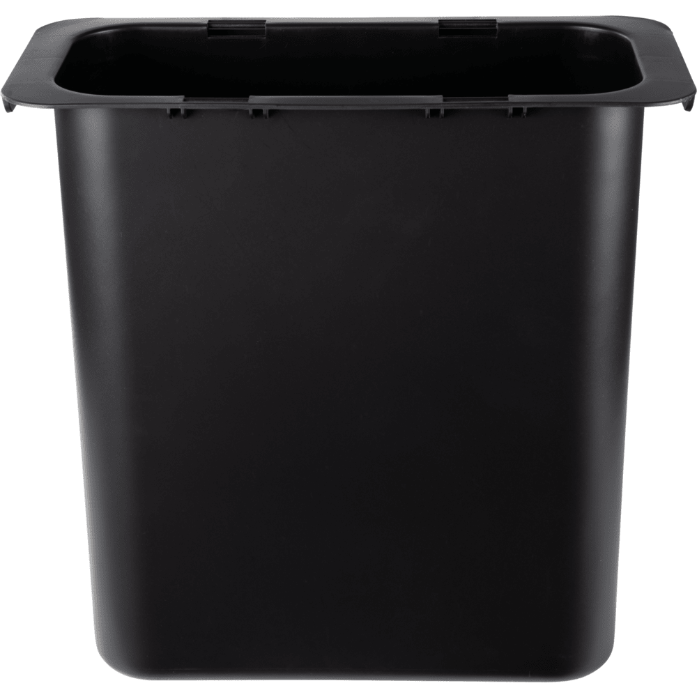 O recipiente de resíduos Abena Re-Seller GmbH de 10,2 l para Sækko Boy (1 unidade), um simples balde retangular preto de plástico com borda larga e lados chanfrados, é ideal para a cozinha e é mostrado sobre um fundo branco.