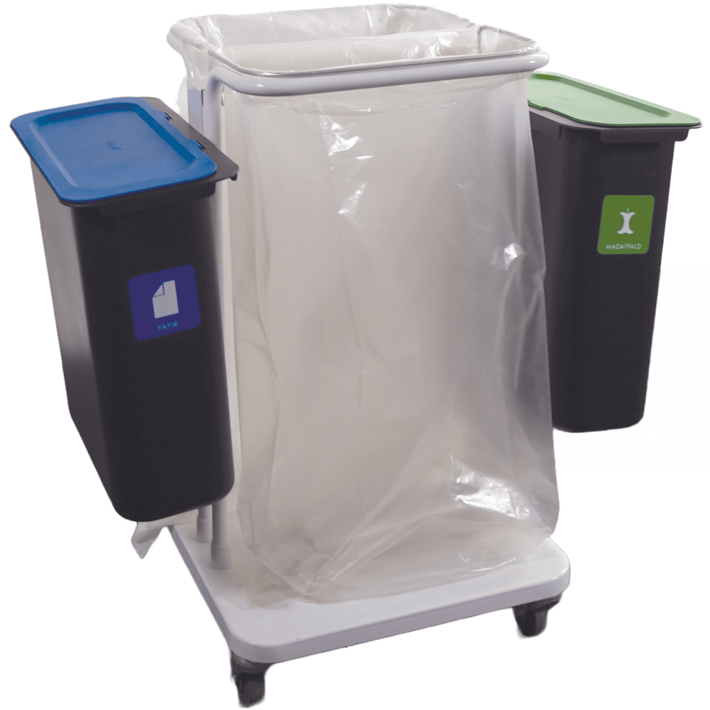 Uma estação de reciclagem móvel com um suporte central de saco transparente Sækko Boy de 2 l e dois recipientes de resíduos Abena Re-Seller GmbH de 10,2 l da gama Sækko Boy: tampa azul para "Papel", tampa verde para "Bio".