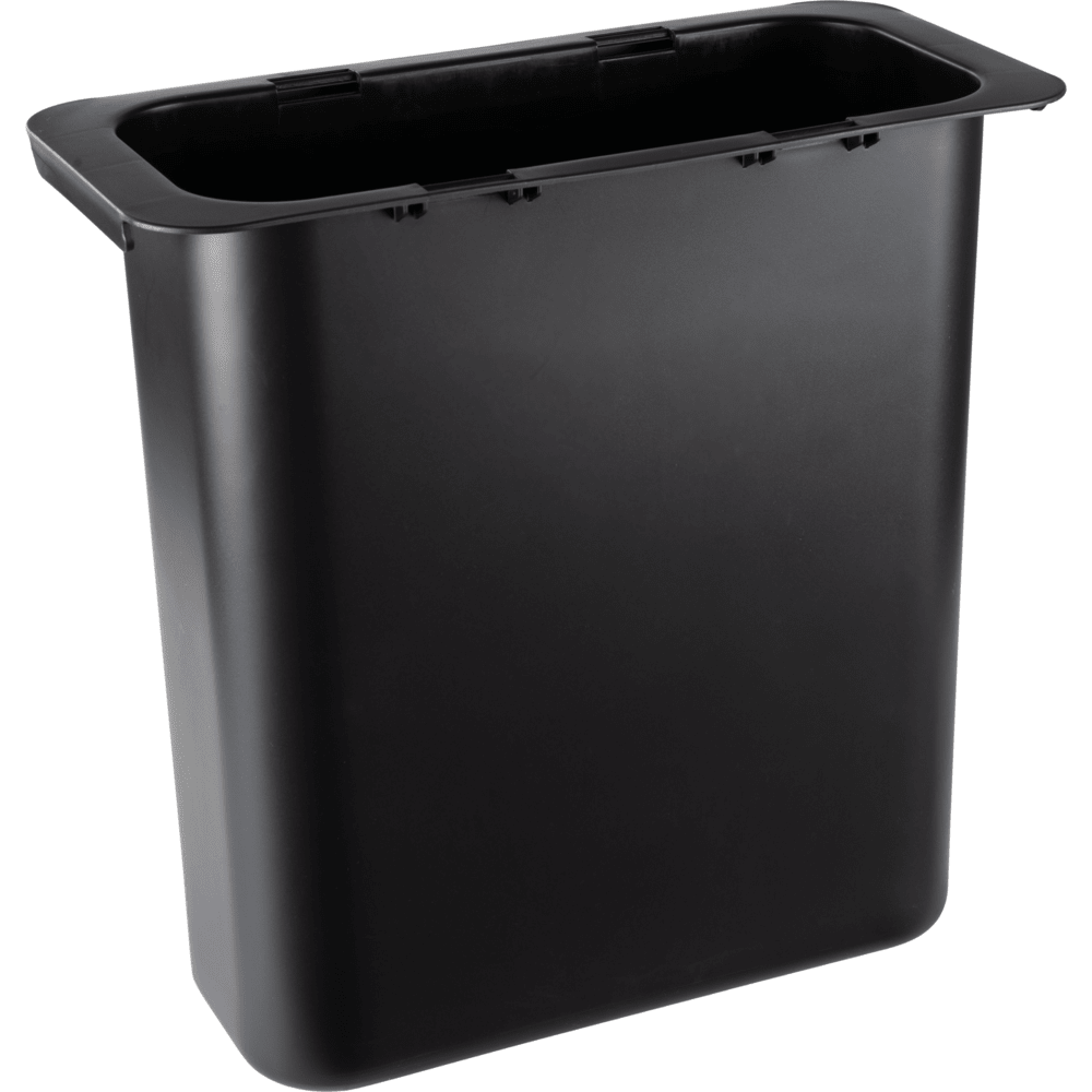 O recipiente de resíduos Abena Re-Seller GmbH de 10,2 l, para Sækko Boy (1 unidade) é um simples balde retangular preto de plástico com borda larga e sem tampa, ideal para uso na cozinha e no escritório. Representado sobre um fundo branco.