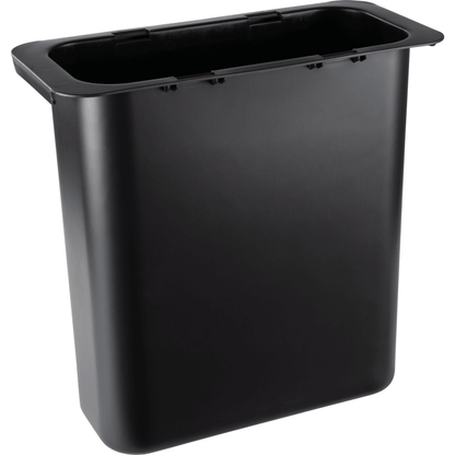 O recipiente de resíduos Abena Re-Seller GmbH de 10,2 l, para Sækko Boy (1 unidade) é um simples balde retangular preto de plástico com borda larga e sem tampa, ideal para uso na cozinha e no escritório. Representado sobre um fundo branco.