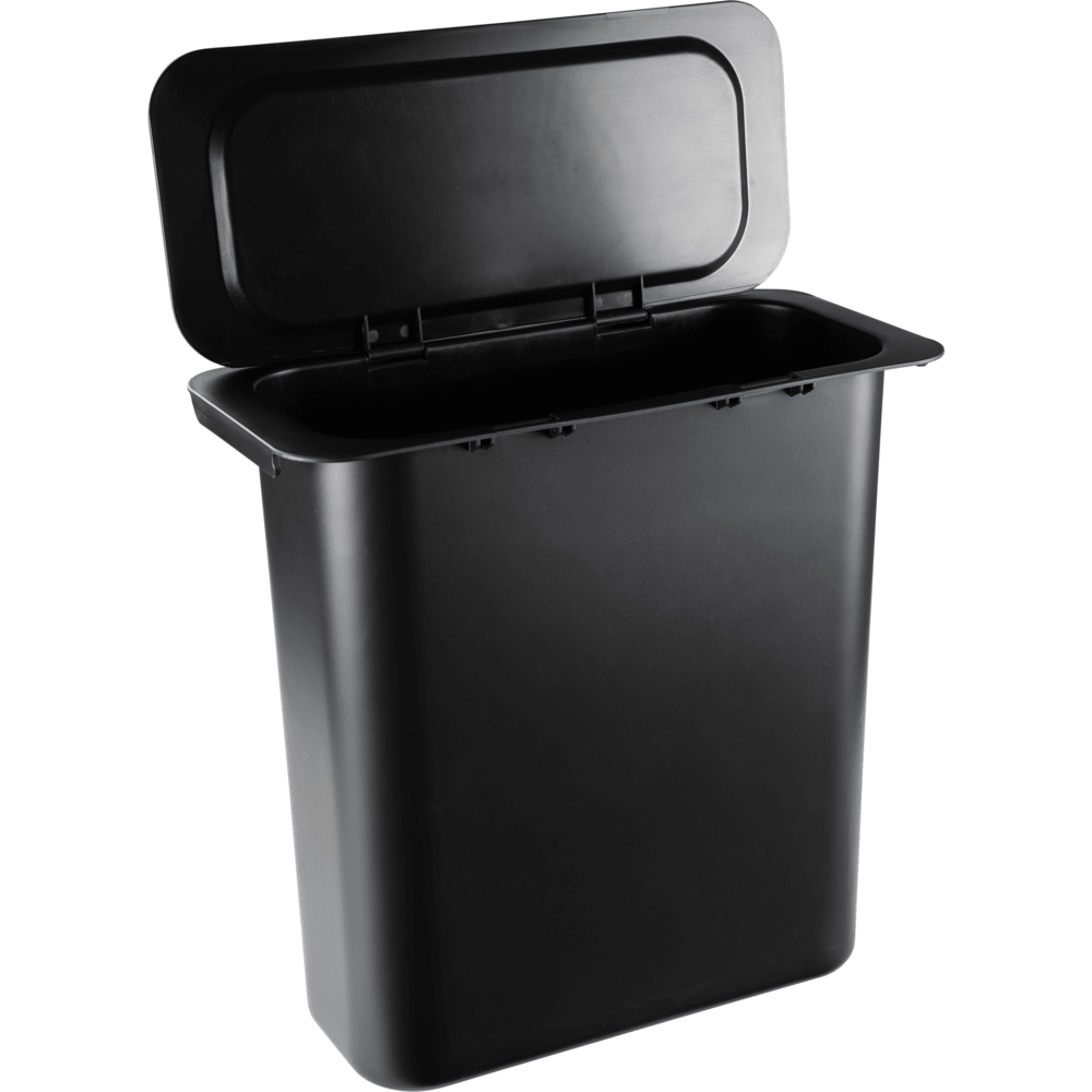 Representado está um recipiente de resíduos de plástico preto Abena Re-Seller GmbH de 10,2 l para Sækko Boy, com tampa articulada aberta, sobre um fundo branco simples. Embalagem: 1 unidade.