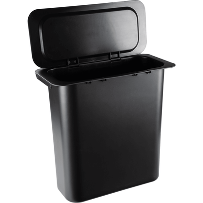 Representado está um recipiente de resíduos de plástico preto Abena Re-Seller GmbH de 10,2 l para Sækko Boy, com tampa articulada aberta, sobre um fundo branco simples. Embalagem: 1 unidade.