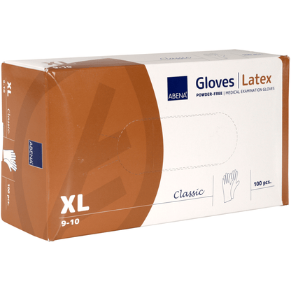Uma caixa retangular de luvas de látex Classic, sem pó, naturais da Abena Re-Seller GmbH no tamanho XL (9-10), para uso médico em instituições de saúde, contém 100 luvas. A caixa branca e marrom está marcada com texto e gráfico do tamanho das luvas.