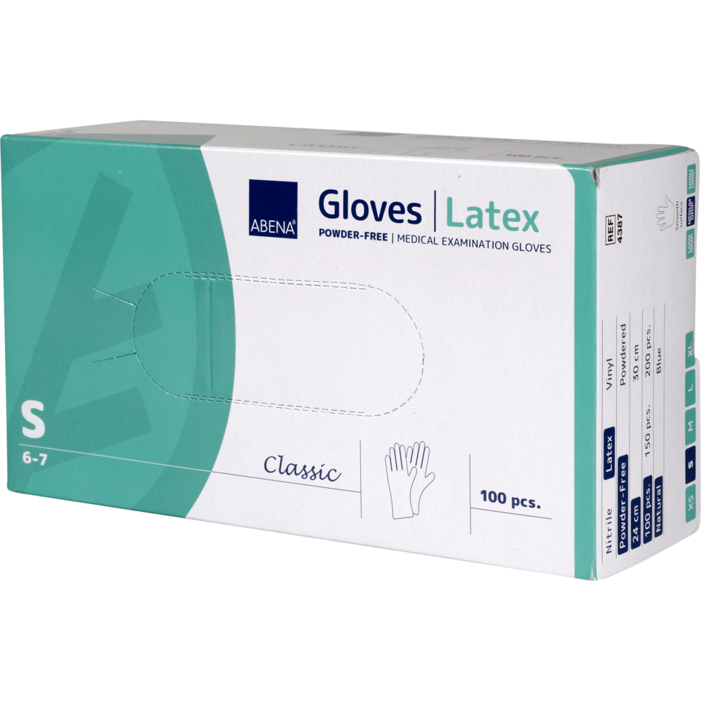 Uma caixa de Luvas de Látex Classic, sem pó, natural da Abena Re-Seller GmbH, Tamanho S - perfeita para aplicações médicas. Contém 100 unidades. A caixa predominantemente branca e turquesa mostra detalhes do produto nas laterais.