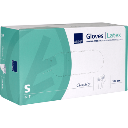 Uma caixa com 100 Luvas de Látex Classic, Sem Pó, Natural da Abena Re-Seller GmbH, Tamanho pequeno (6-7). A embalagem branco-verde mostra detalhes - ideal para instalações médicas.