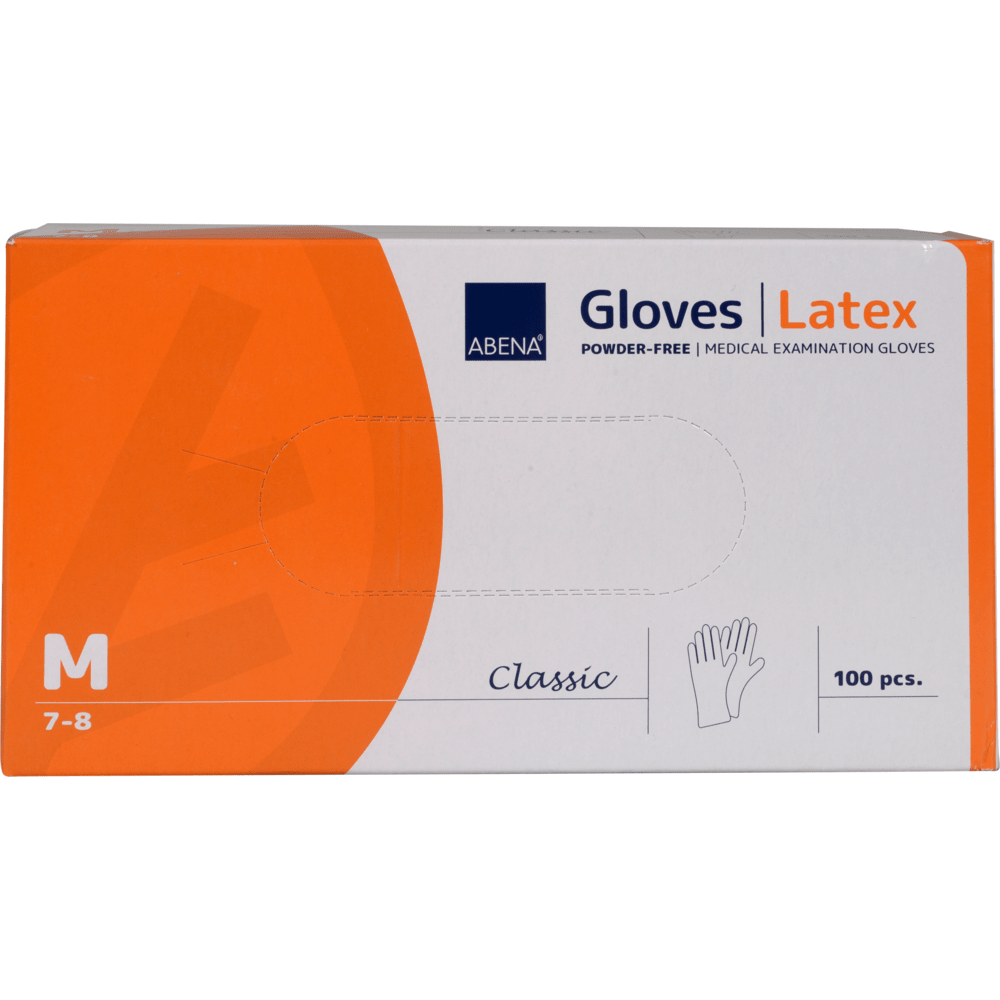 Uma caixa retangular de Luvas de Látex Classic, Sem Pó, Natural da Abena Re-Seller GmbH, Tamanho médio (7-8). A caixa branco-laranja contém 100 luvas com uma ilustração de mão - ideal para instalações médicas.