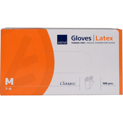 Uma caixa retangular de Luvas de Látex Classic, Sem Pó, Natural da Abena Re-Seller GmbH, Tamanho médio (7-8). A caixa branco-laranja contém 100 luvas com uma ilustração de mão - ideal para instalações médicas.