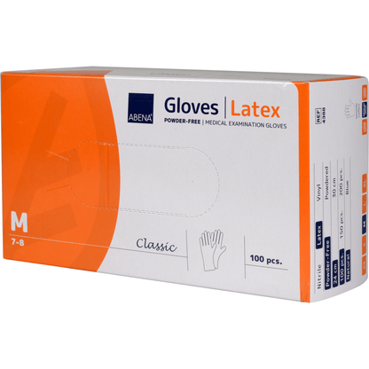 Uma caixa retangular de Luvas de Látex Classic, Sem Pó, Natural da Abena Re-Seller GmbH, Tamanho médio (7-8), contém 100 unidades. A embalagem branco-laranja mostra detalhes do produto e uma ilustração de luva - ideal para uso médico.