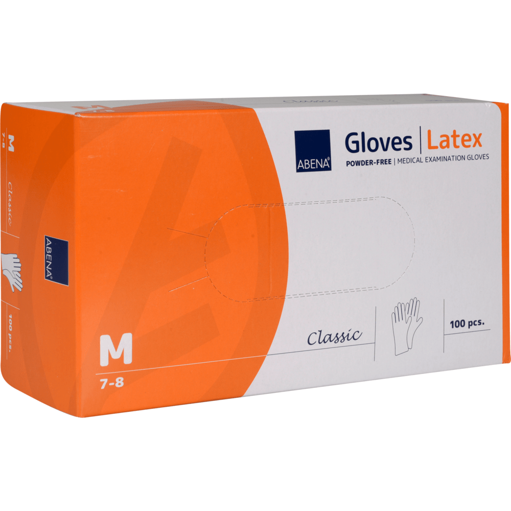Uma caixa retangular laranja e branca com a inscrição "Luvas de Látex Classic, Sem Pó, Natural" da Abena Re-Seller GmbH contém 100 luvas do Tamanho Médio (7-8). Na frente há uma luva ilustrada e a palavra "Classic" - ideal para uso médico.