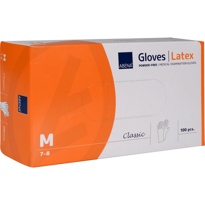 Uma caixa retangular laranja e branca com a inscrição "Luvas de Látex Classic, Sem Pó, Natural" da Abena Re-Seller GmbH contém 100 luvas do Tamanho Médio (7-8). Na frente há uma luva ilustrada e a palavra "Classic" - ideal para uso médico.