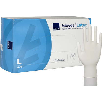 Um pacote de Luvas de Látex Classic, sem pó, natural da Abena Re-Seller GmbH, Tamanho L (8-9), com uma luva branca em pé em frente à embalagem azul e branca - ideal para uso em instalações médicas.