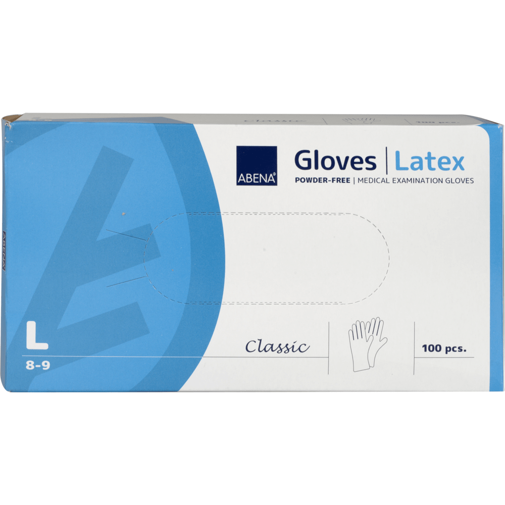 Uma caixa azul e branca com a inscrição "Abena Re-Seller GmbH Luvas de Látex Classic, Sem Pó, Natural", Tamanho grande (8-9), para instalações médicas, contém 100 luvas. Na frente há uma imagem de uma luva.