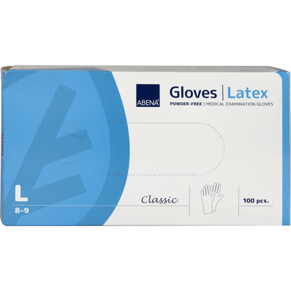 Uma caixa azul e branca com a inscrição "Abena Re-Seller GmbH Luvas de Látex Classic, Sem Pó, Natural", Tamanho grande (8-9), para instalações médicas, contém 100 luvas. Na frente há uma imagem de uma luva.