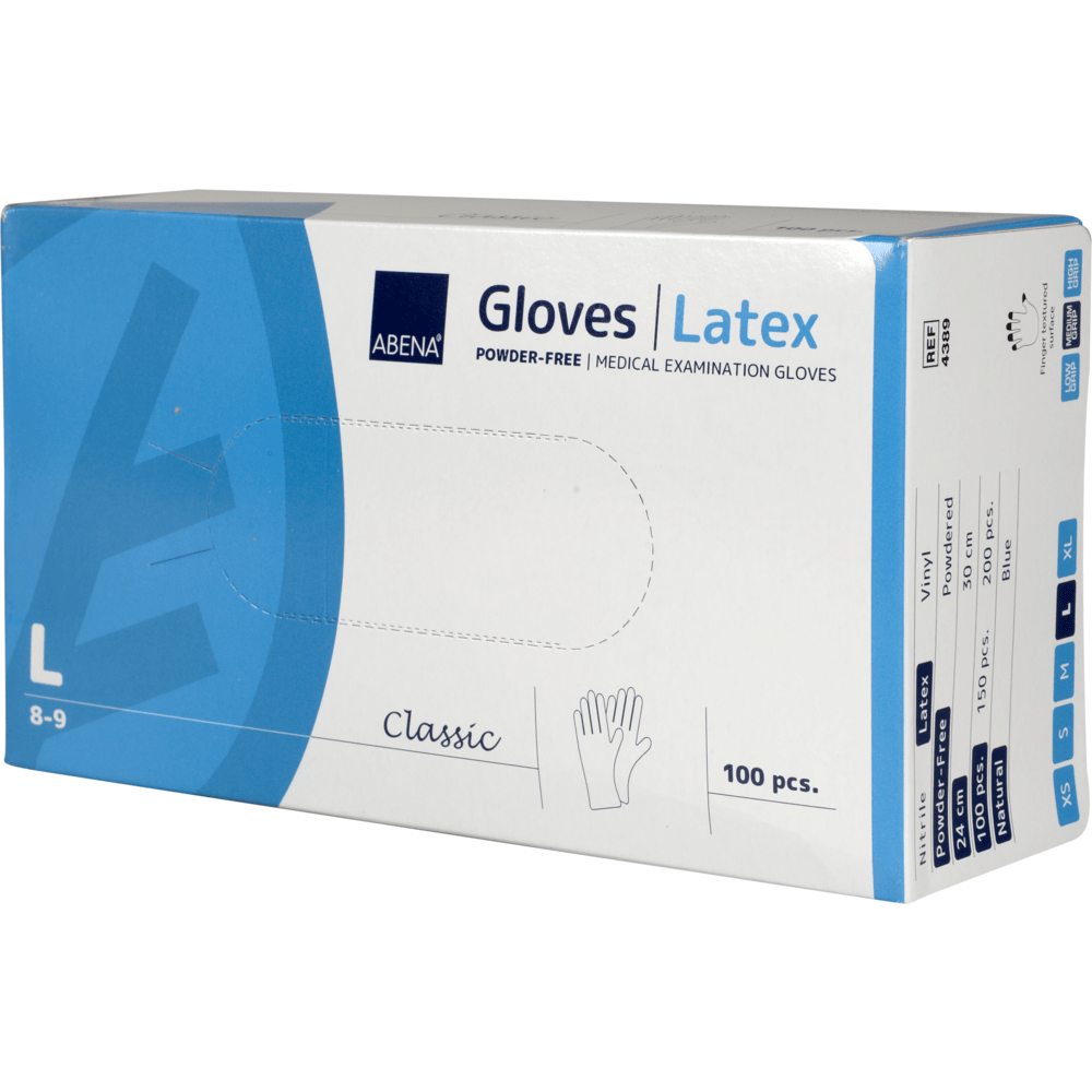 Uma caixa com 100 Luvas de Látex Classic, sem pó e natural da Abena Re-Seller GmbH, Tamanho L - ideal para instalações médicas. A embalagem mostra detalhes do produto e um desenho de uma mão enluvada.
