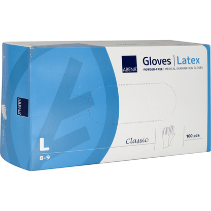 Uma caixa azul e branca Abena Re-Seller GmbH Luvas de Látex Classic, Sem Pó, Natural no tamanho L (8-9), contém 100 luvas médicas com uma ilustração de mão, ideal para uso em instalações médicas.