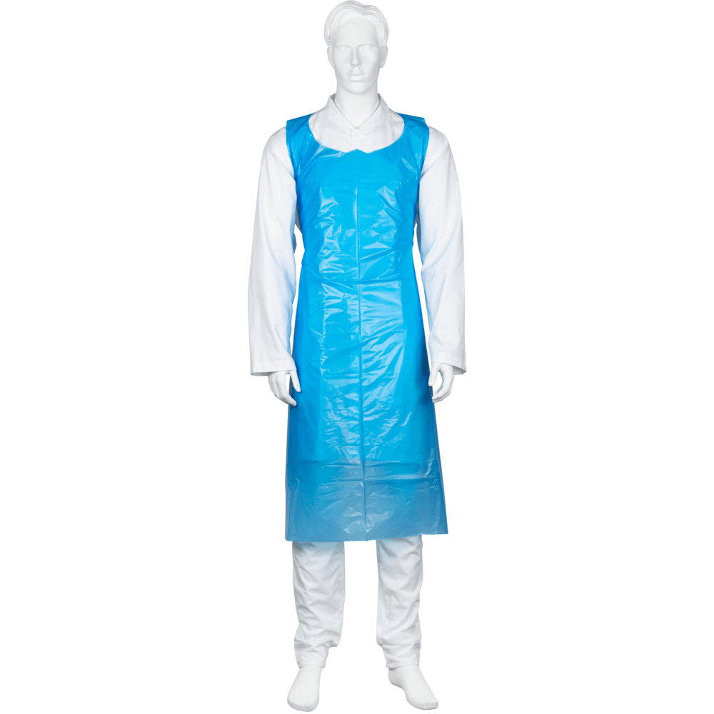 Um manequim branco, que veste um avental descartável da Abena Re-Seller GmbH, 85x130 cm, 35 my LDPE em azul (embalagem de 50 peças), está em pé e voltado para a frente contra um fundo branco simples.