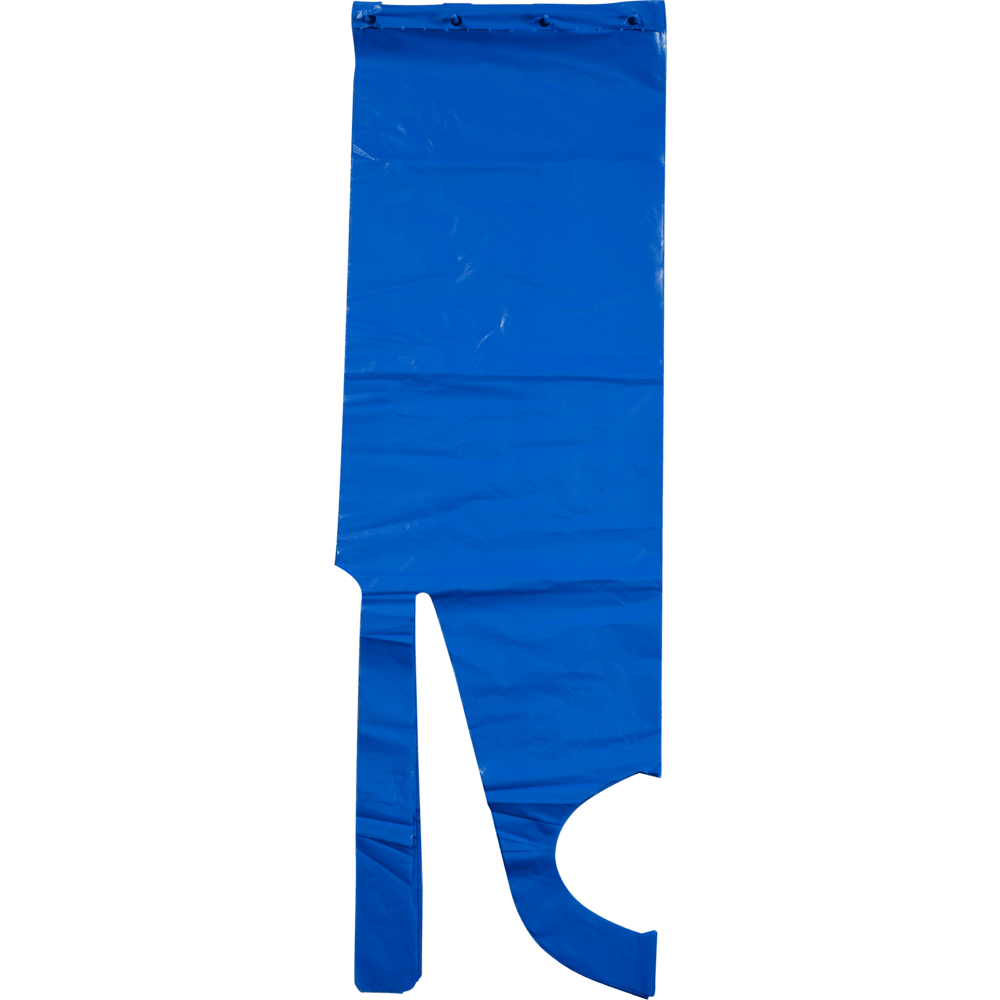 O avental descartável da Abena Re-Seller GmbH (85x130 cm, 35 my LDPE, azul), embalagem com 50 peças, está deitado em um fundo branco e oferece proteção higiênica com duas extremidades longas e estreitas e uma ampla abertura redonda.