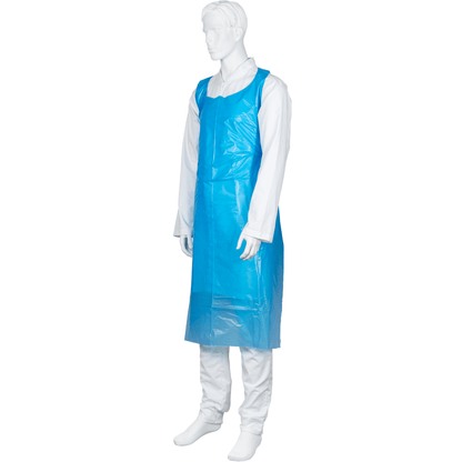 Um manequim em um traje branco de manga comprida veste um avental descartável azul de 85x130 cm, 35 my LDPE da Abena Re-Seller GmbH (embalagem de 50 peças), que oferece proteção higiênica e se estende até os joelhos na frente.