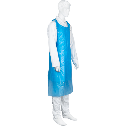 Um manequim branco veste uma roupa de manga comprida com um avental descartável azul sem mangas da Abena Re-Seller GmbH (85x130 cm, 35 my LDPE) para proteção higiênica do tronco e dos joelhos, apresentado contra um fundo branco simples. Embalagem: 50 peças.