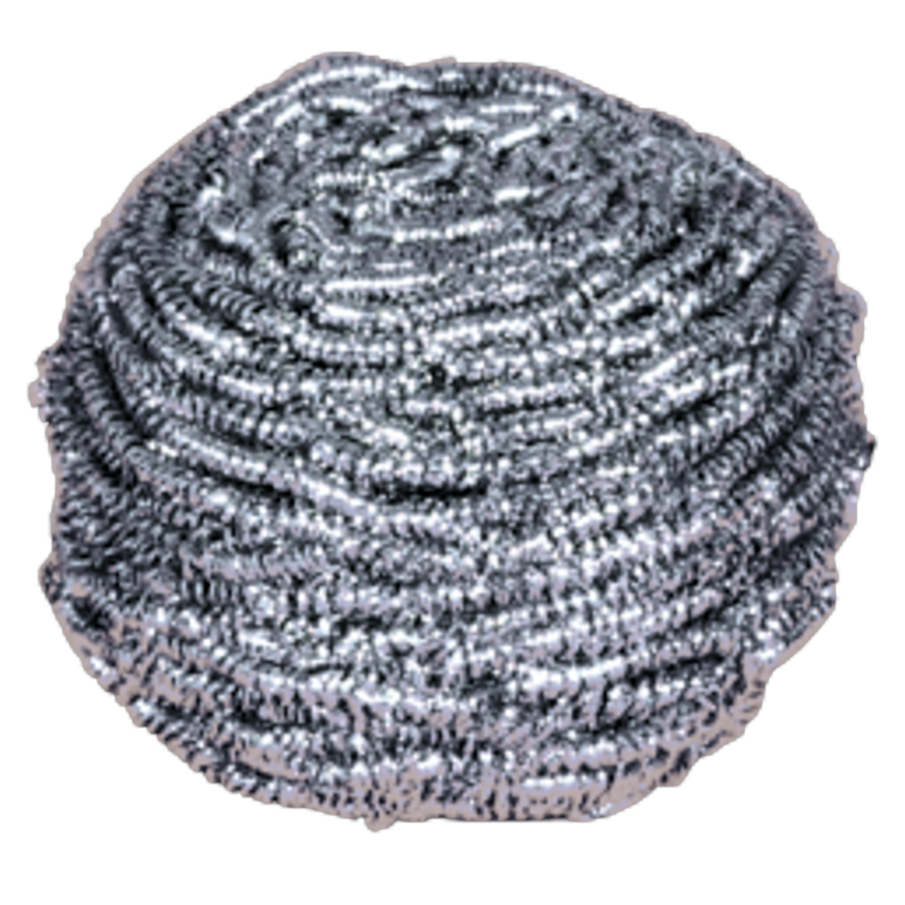 Close-up de uma espiral de aço inoxidável da Abena Re-Seller GmbH, 60 g, pacote (10 unidades): uma esponja de esfregar redonda prateada feita de fios de metal bem enrolados para limpeza, apresentada sobre um fundo branco.