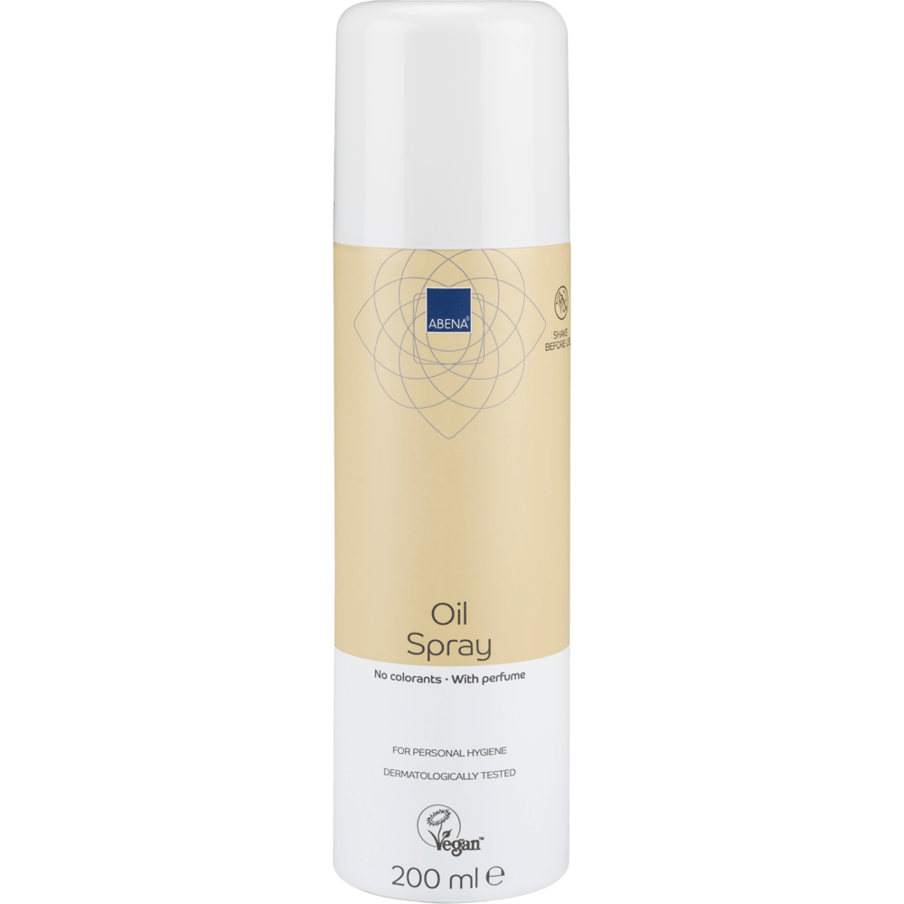 Um spray de óleo cilíndrico Abena Re-Seller GmbH de 200 ml, levemente perfumado, em uma garrafa bege-branca com a inscrição "Sem corantes", "Levemente perfumado" e "Vegan", com uma tampa branca. Vendido como caixa (12 pacotes).